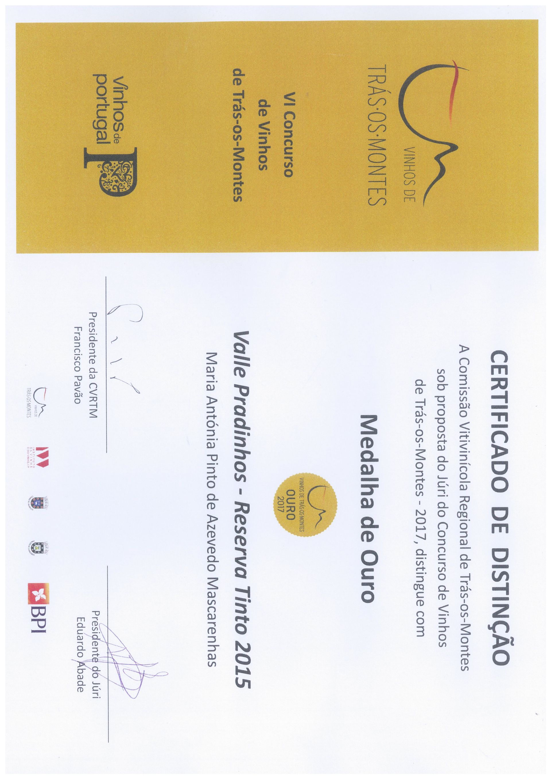 Certificado de distinção Medalha de Ouro Valle Pradinhos Reserva