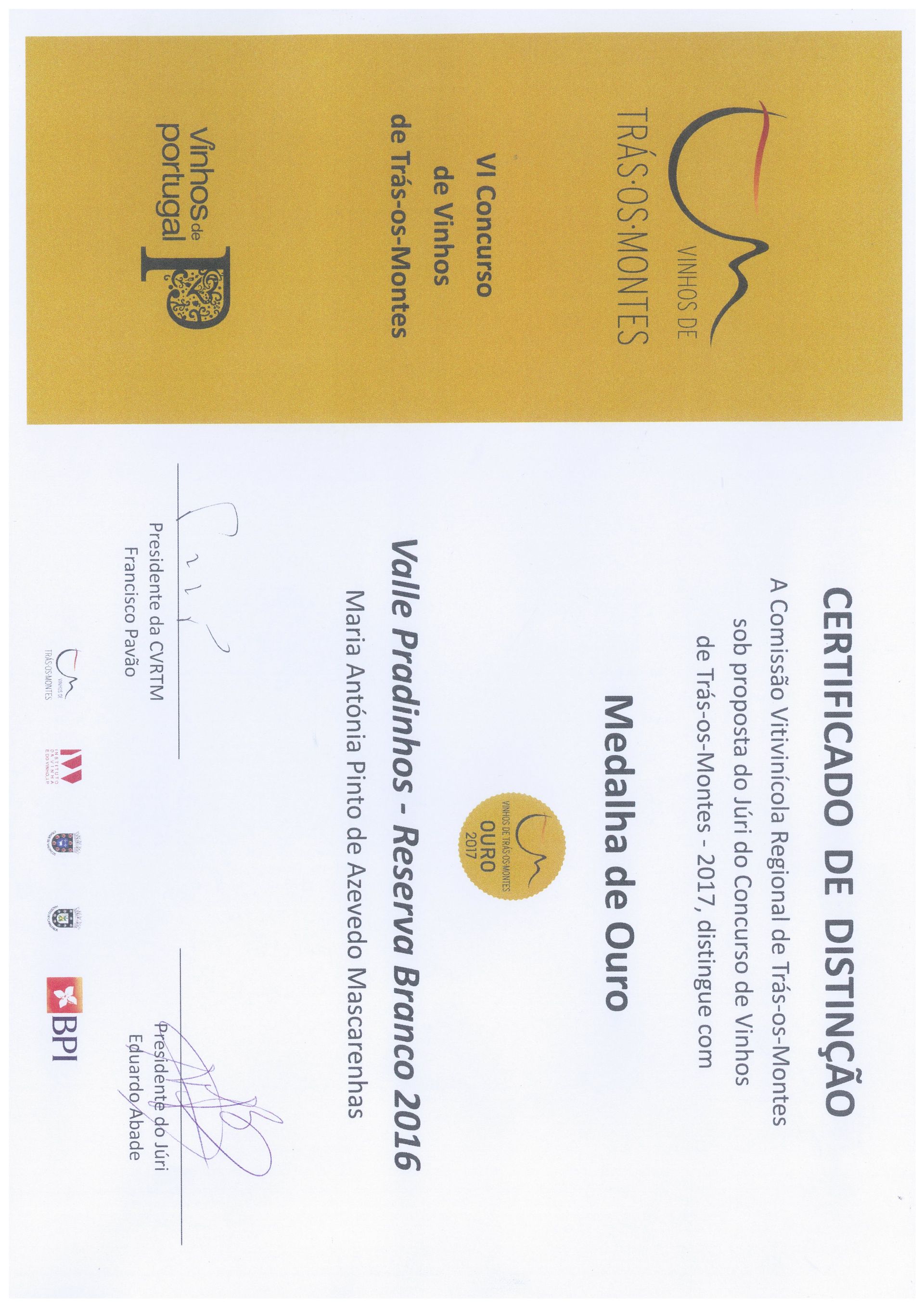 Certificado de distinção Medalha de Ouro Valle Pradinhos Reserva