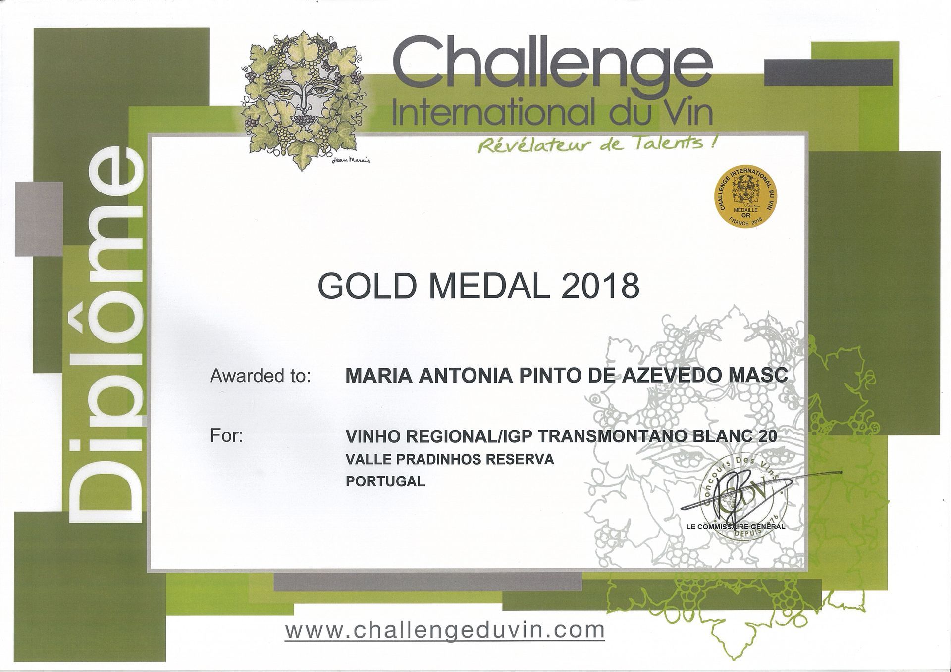 Diploma Gold Medal Challenge International du Vin 2018