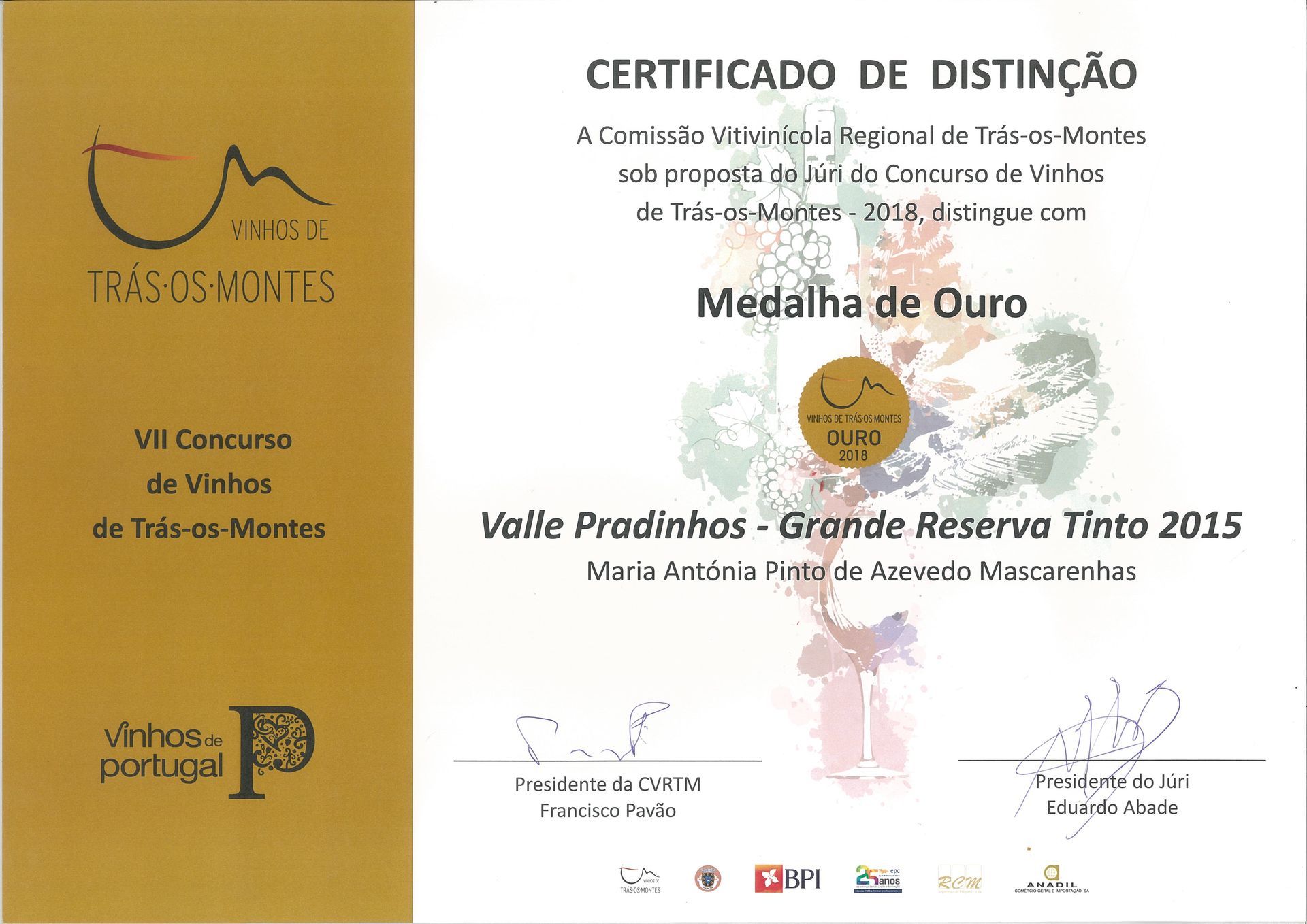Certificado de Distinção Medalha de Ouro