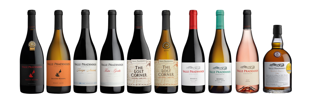 Várias garrafas de vários tipos de vinho da Valle Pradinhos