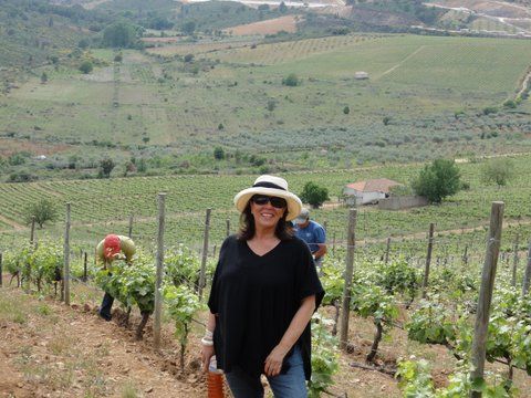 Uma mulher de chapéu e óculos de sol numa vinha.