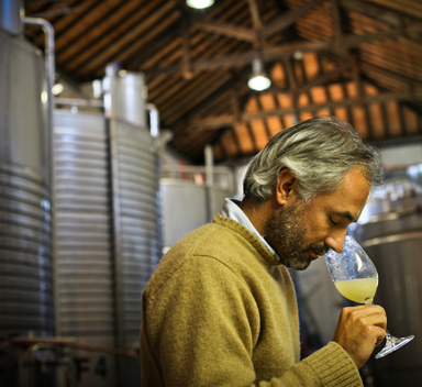 homem a cheirar copo de vinho branco