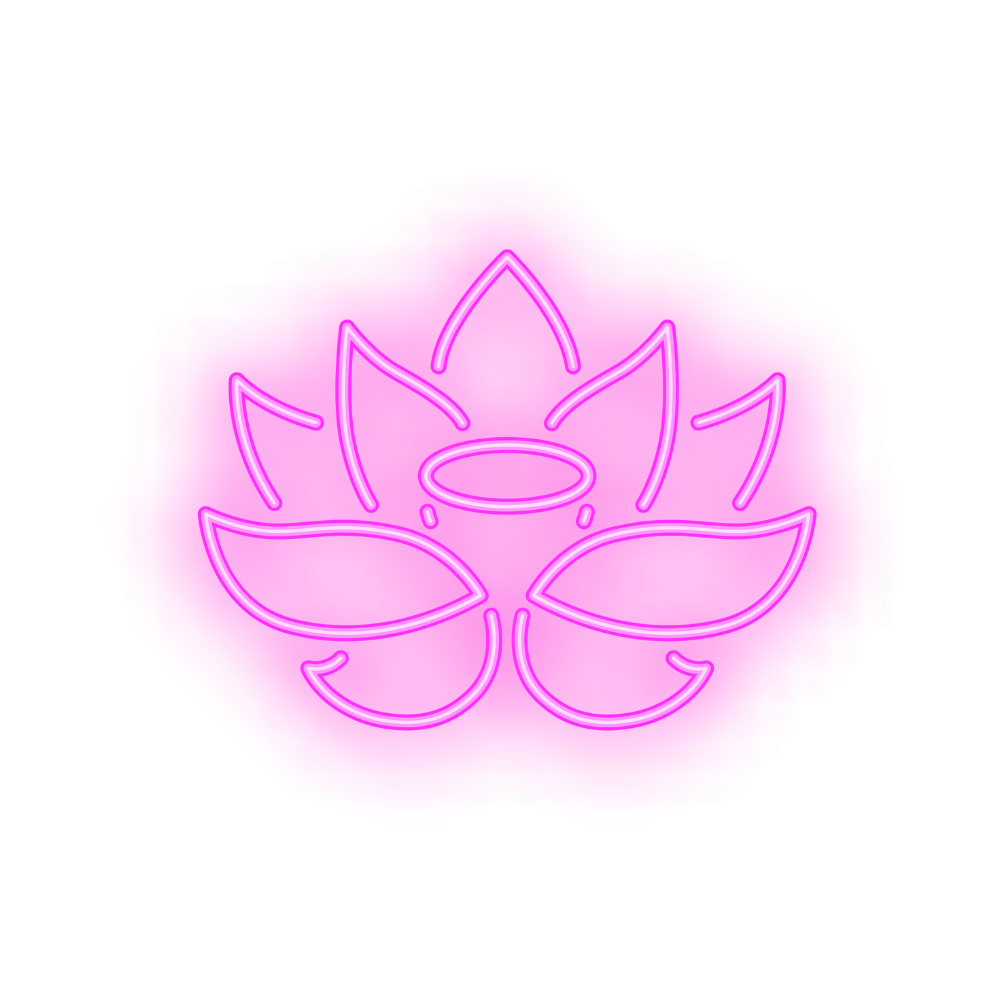 Un letrero de neón de una flor de loto rosa sobre un fondo blanco.