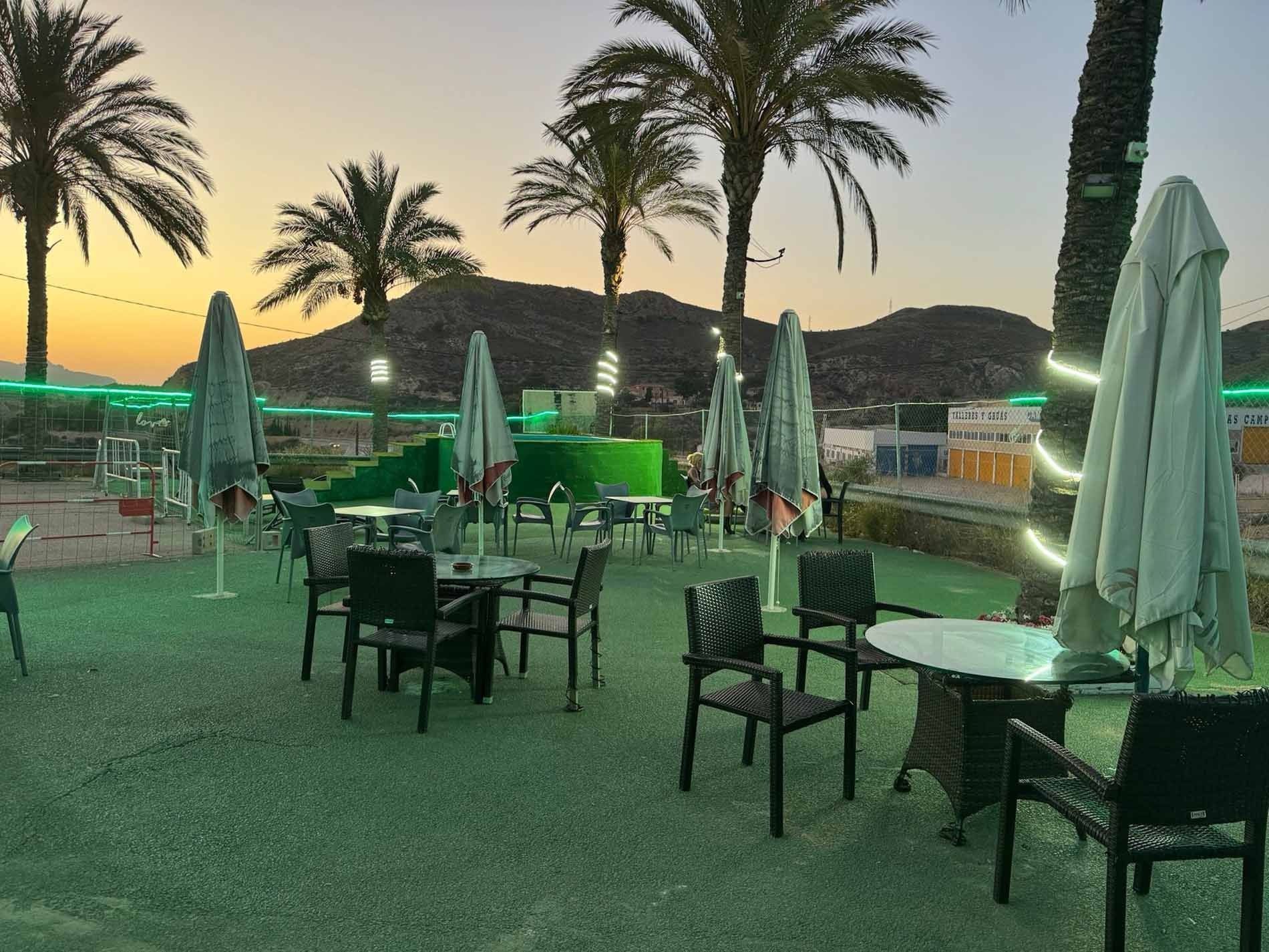 Un patio con mesas y sillas y sombrillas con palmeras al fondo.