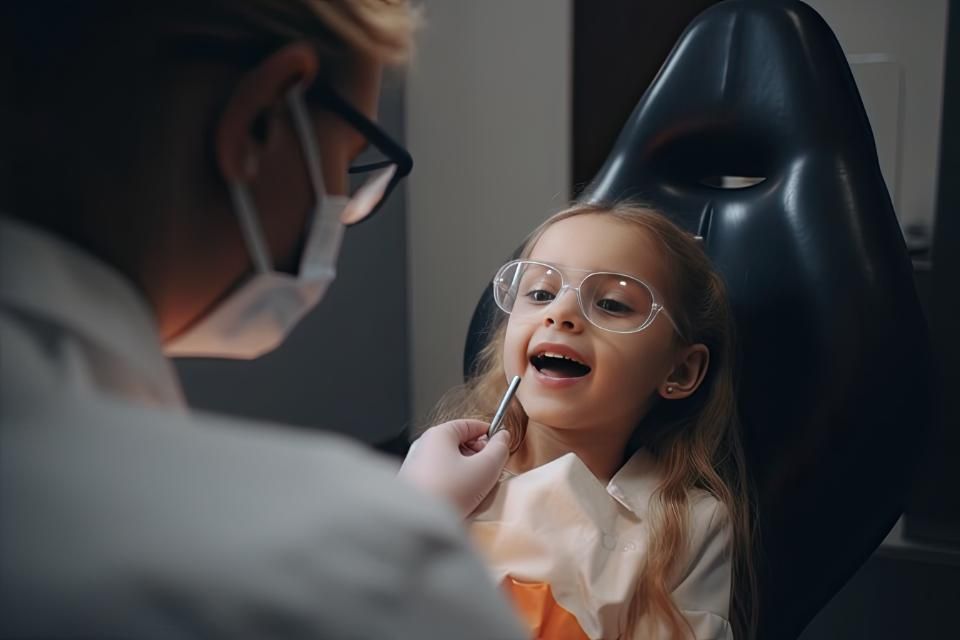 Une petite fille est assise sur une chaise dentaire pendant qu'un dentiste examine ses dents.