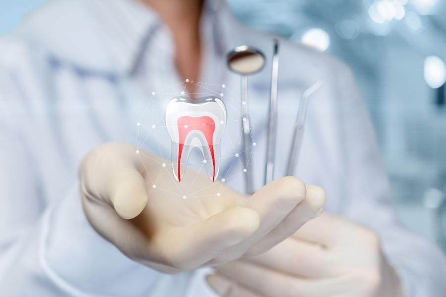 Un dentiste tient une dent et des outils dentaires dans sa main.