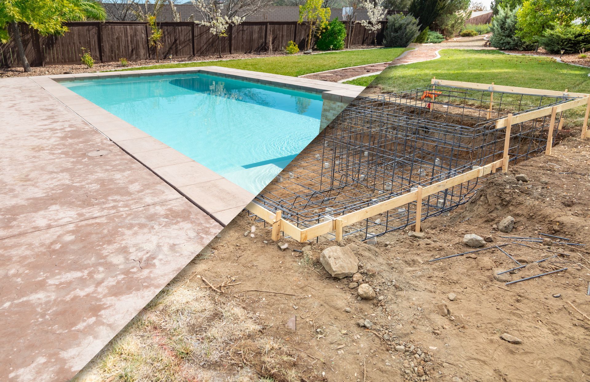 Avant/après de la construction d'une piscine dans un jardin