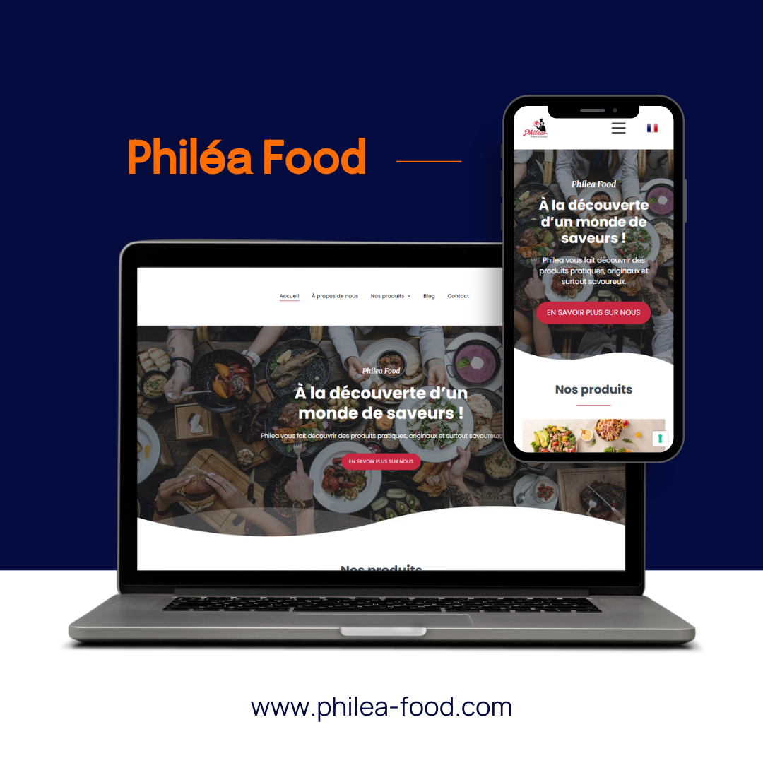 Un ordinateur portable et un smartphone affichent le site web de Philéa Food sur un fond bleu foncé, avec l'URL de l'entreprise en dessous.