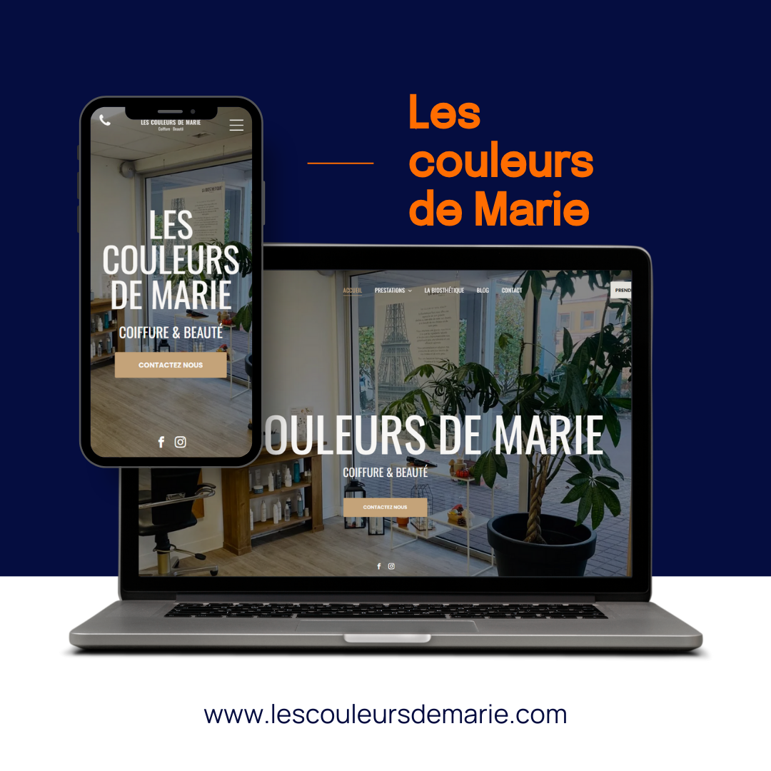 Un smartphone et un ordinateur portable affichent le site web « Les Couleurs de Marie » sur un fond bleu foncé avec l'URL en dessous.