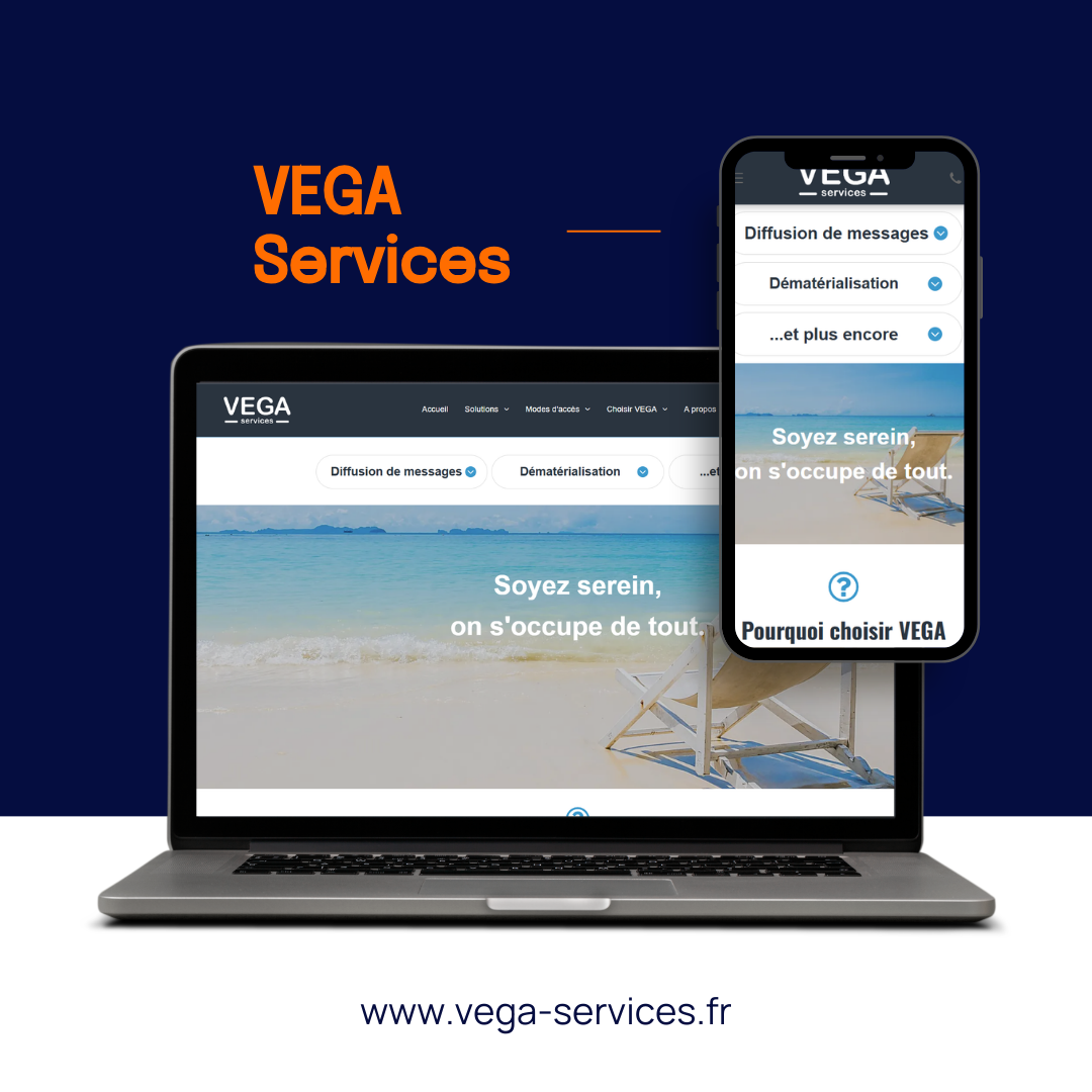 Un ordinateur portable et un smartphone affichent le site web de VEGA Services sur un fond bleu foncé, avec l'URL de l'entreprise en dessous.