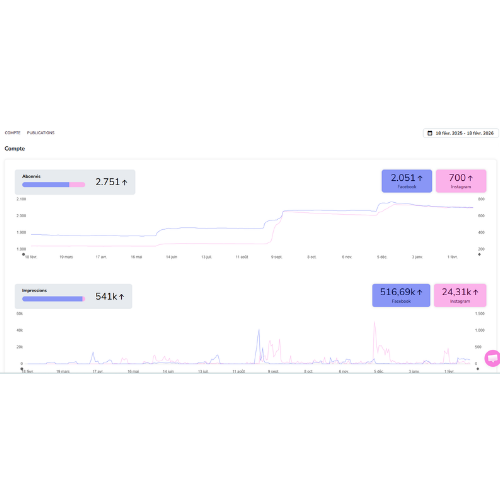 Tableau de bord analytique affichant des graphiques linéaires de la portée et des impressions, avec des statistiques récapitulatives affichées dans des encadrés