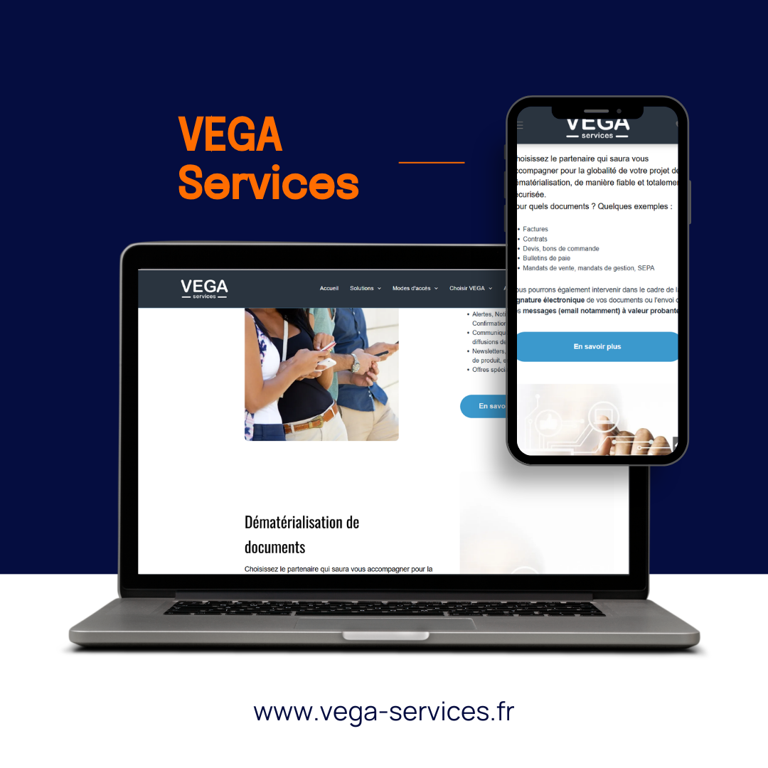 Un ordinateur portable et un smartphone affichent le site web de Vega Services sur un fond bleu foncé, avec l'URL en dessous.
