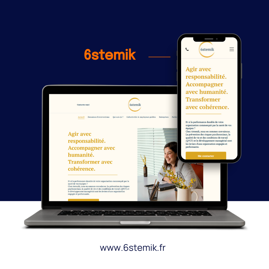 Maquette du site web 6stemik sur ordinateur portable et smartphone sur fond bleu, montrant le design de la page d'accueil