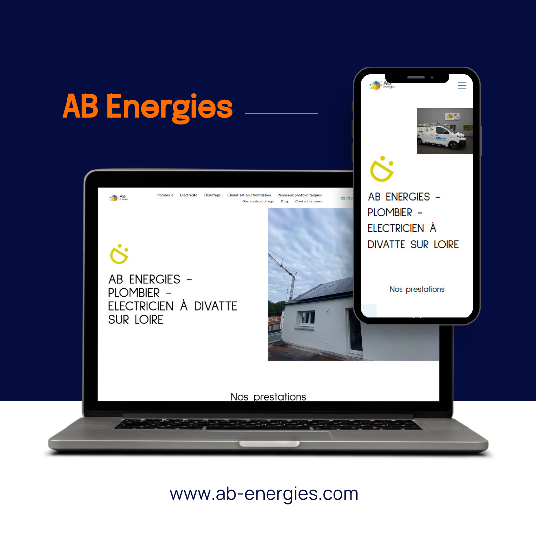Site web d'AB Energies affiché sur ordinateur portable et téléphone, avec un logo orange sur fond bleu