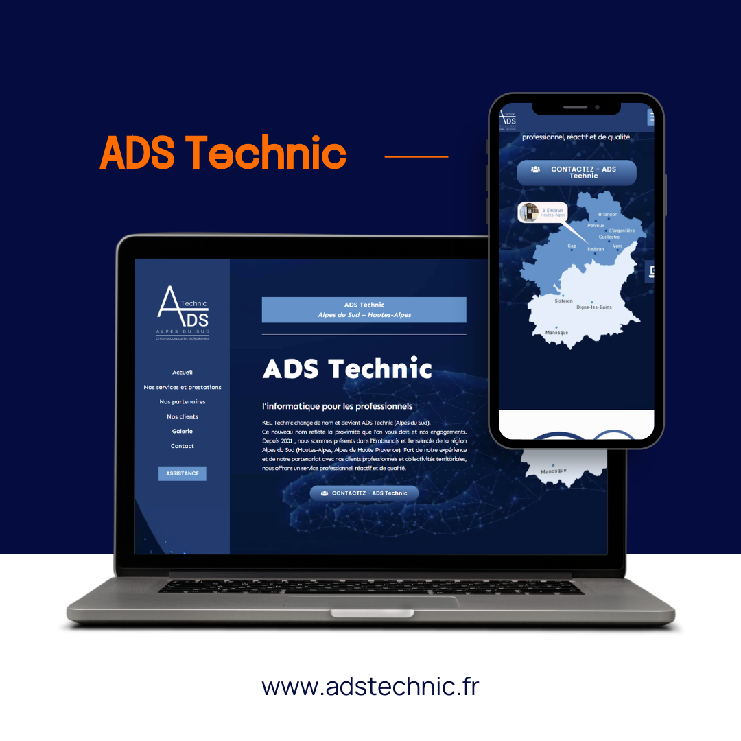 Un ordinateur portable et un smartphone affichant le site web d'ADS Technic et une carte de la zone de service sur fond bleu foncé.