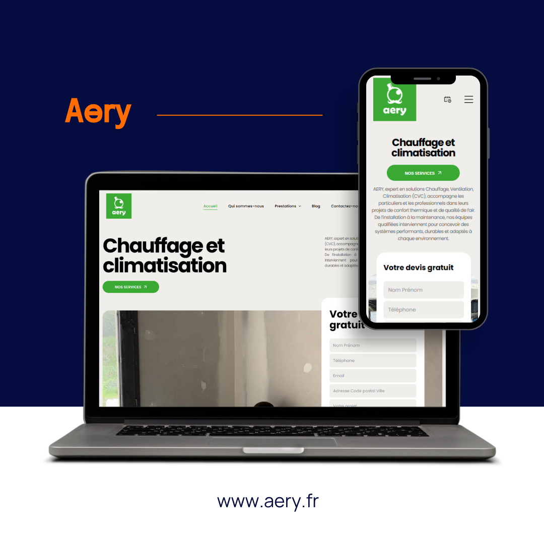 Logo Aery montrant un ordinateur portable et un smartphone avec un site web de chauffage et de climatisation sur fond bleu foncé