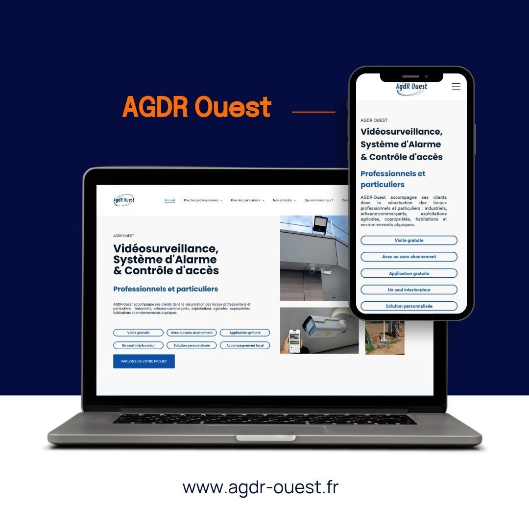 Maquette du site web AGDR Ouest sur ordinateur portable et smartphone avec fond bleu et logo orange.