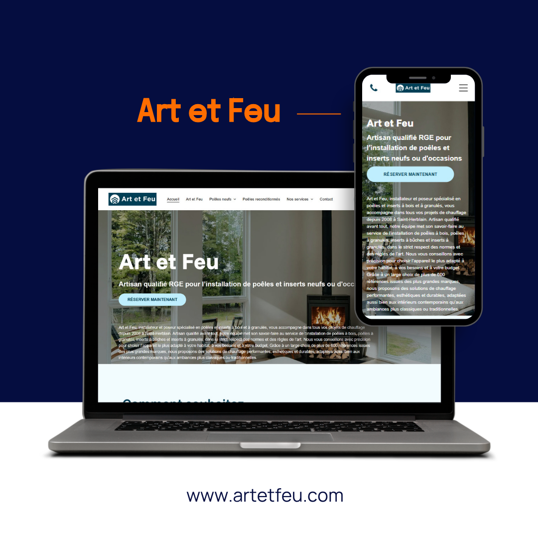Site web Art et Feu affiché sur un ordinateur portable et un smartphone sur fond bleu foncé
