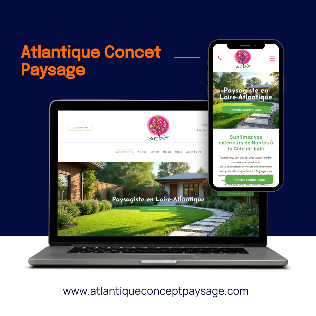 Le site web d'aménagement paysager Atlantic Concept Paysage est affiché sur un ordinateur portable et un téléphone sur fond bleu foncé.