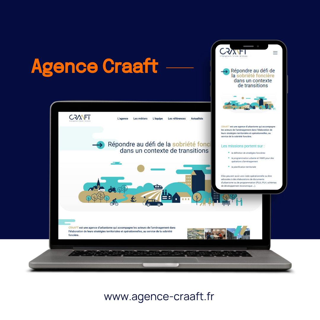 Maquette du site web d'Agence Craft sur ordinateur portable et smartphone, sur fond bleu foncé avec logo orange.