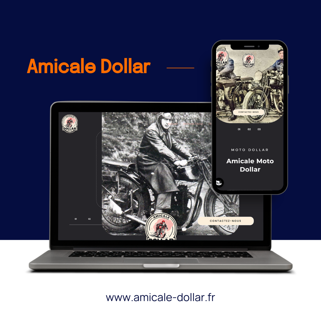 Un ordinateur portable et un smartphone affichant le site web d'Amicale Dollar, présentant des images de motos vintage sur un fond bleu foncé.