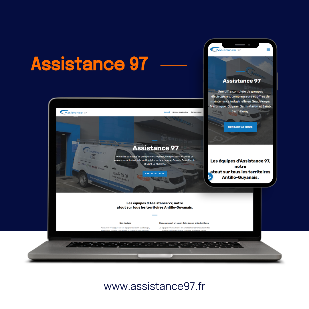Un ordinateur portable et un smartphone affichent le site web Assistance 97 sur un fond bleu foncé, avec l'URL en dessous.