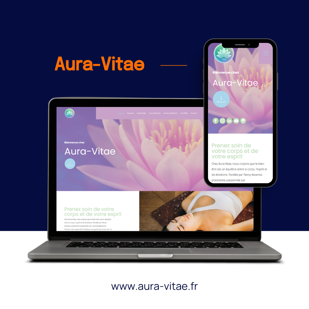 Un ordinateur portable et un smartphone affichant le site web d'Aura-Vitae, orné d'un motif de fleur de lotus et axé sur le bien-être.