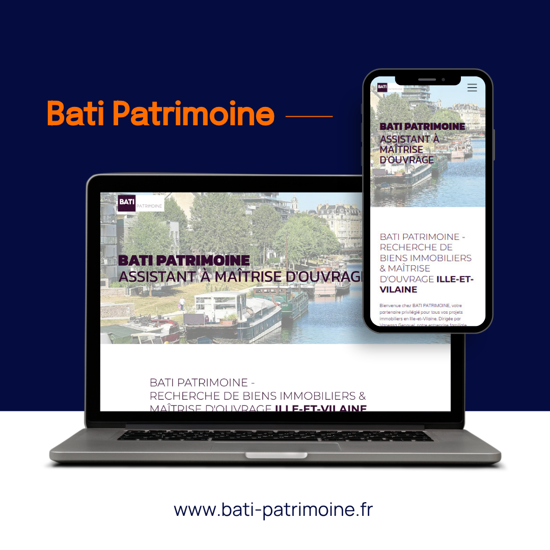 Maquette du site web de Bati Patrimoine sur ordinateur portable et smartphone sur fond bleu foncé, avec logo et URL en dessous.