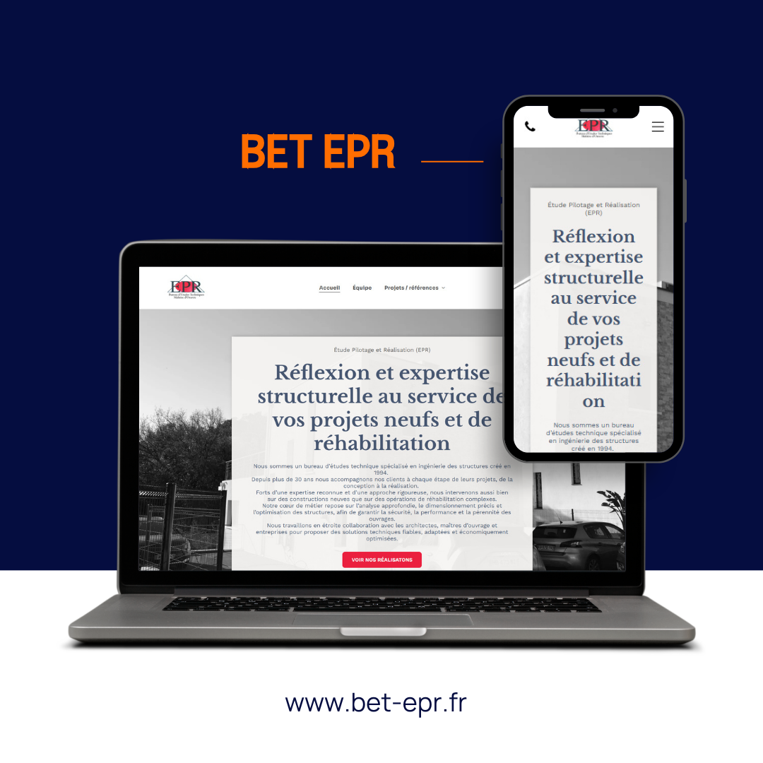 Ordinateur portable et smartphone affichant le site web de BET EPR sur fond bleu foncé
