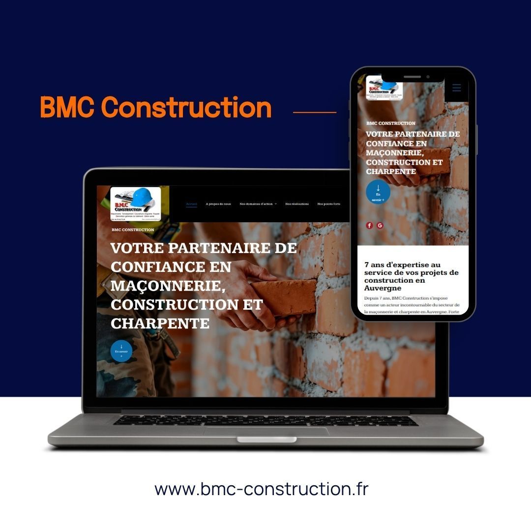 Maquette du site web de BMC Construction sur ordinateur portable et téléphone, avec fond de mur de briques, thème bleu et logo.