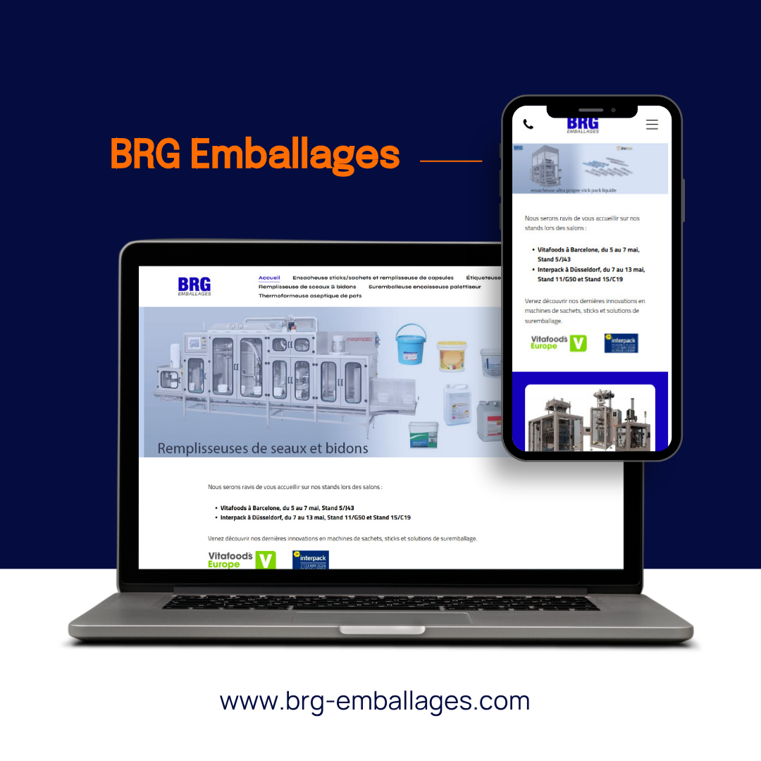 Site web de BRG Emballages affiché sur ordinateur portable et smartphone sur fond bleu foncé