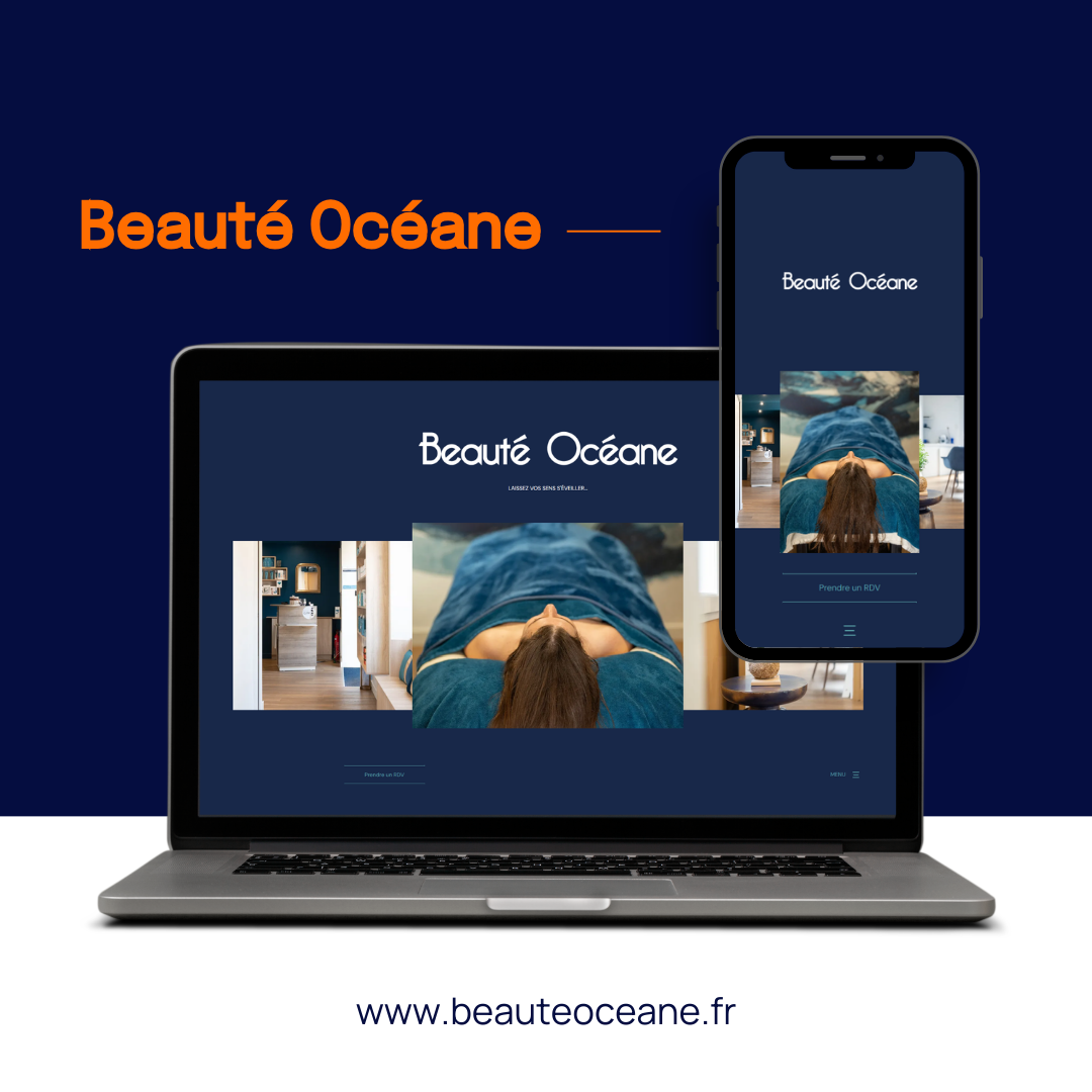Un ordinateur portable et un smartphone affichent le site web de Beauté Océane sur un fond bleu marine, avec l'URL en dessous.