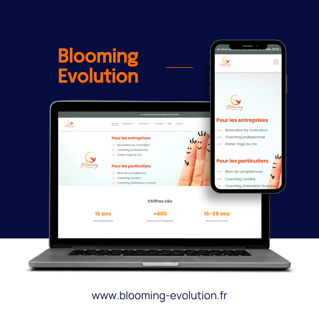 Un ordinateur portable et un téléphone portable affichent le site web Blooming Evolution sur un fond bleu foncé.