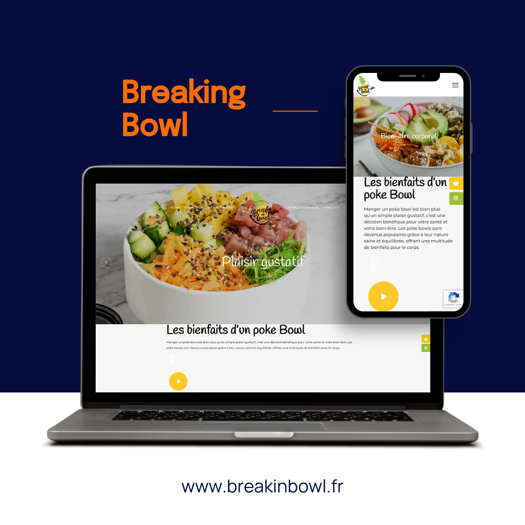 Un ordinateur portable et un téléphone portable affichent un site web avec une image de poke bowl et le texte « Breaking Bowl » ainsi que l'URL du site web.