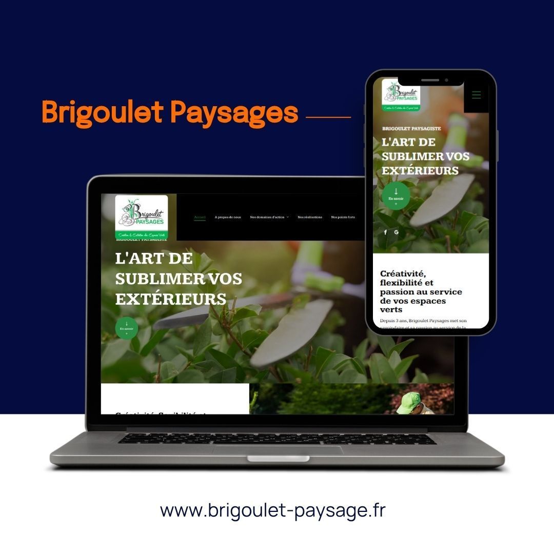 Site web Brigoulet Paysages affiché sur ordinateur portable et smartphone sur fond bleu