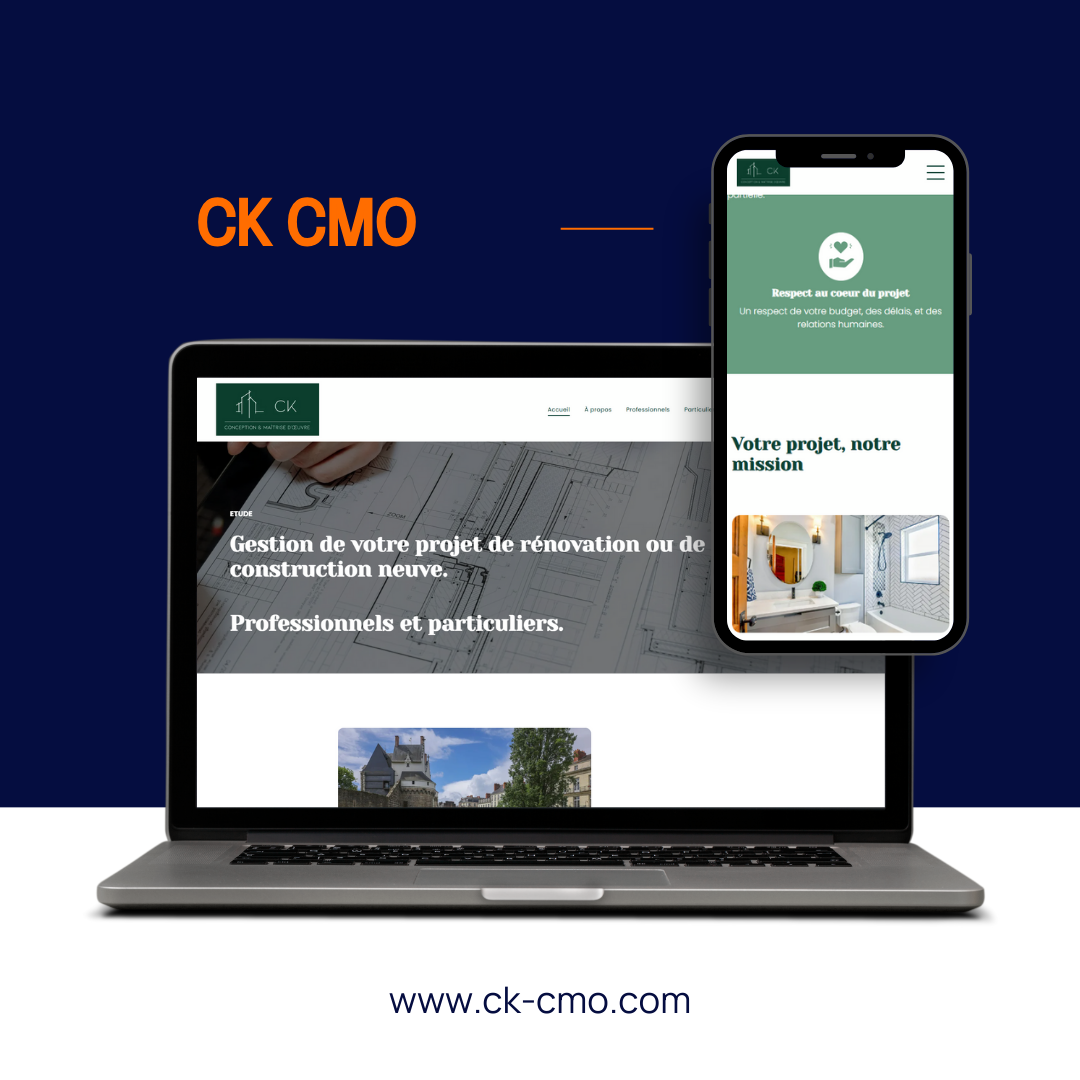 Un ordinateur portable et un smartphone affichant le site web de CK CMO pour les services de rénovation et de gestion de la construction.