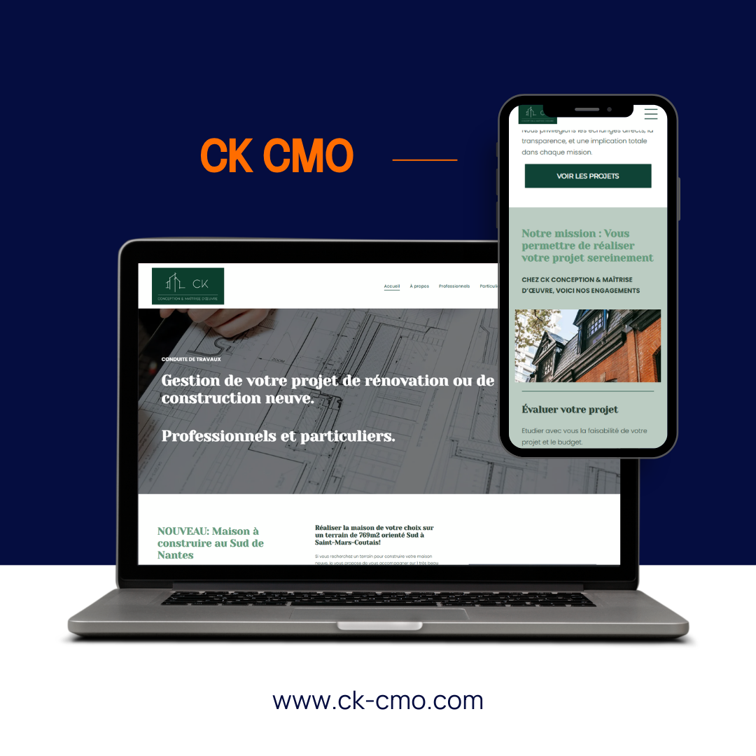 Un ordinateur portable et un smartphone affichant le site web de CK CMO pour la gestion de projets de construction et de rénovation.