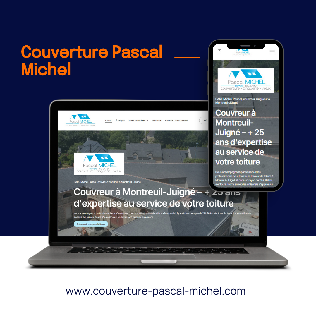 Ordinateur portable et smartphone affichant le site web de Couverture Pascal Michel sur fond bleu