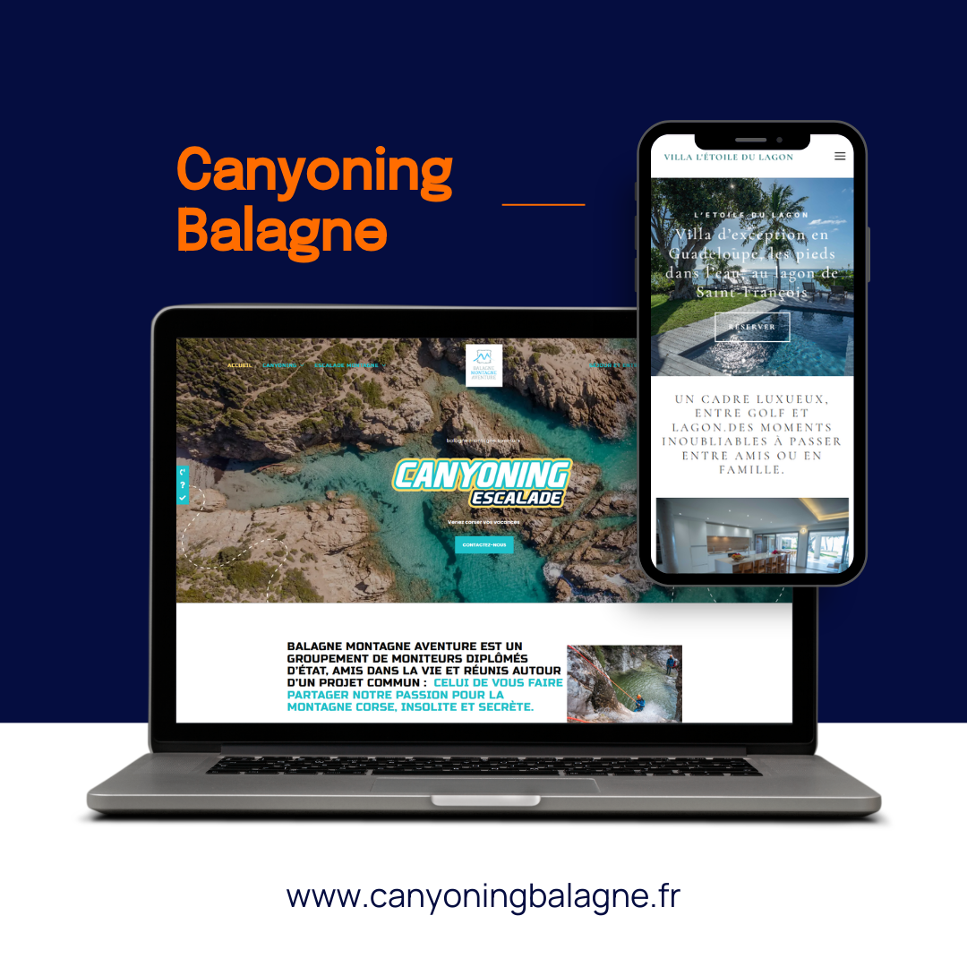 Un ordinateur portable et un smartphone affichant le site web de Canyoning Balagne, sur fond bleu foncé.