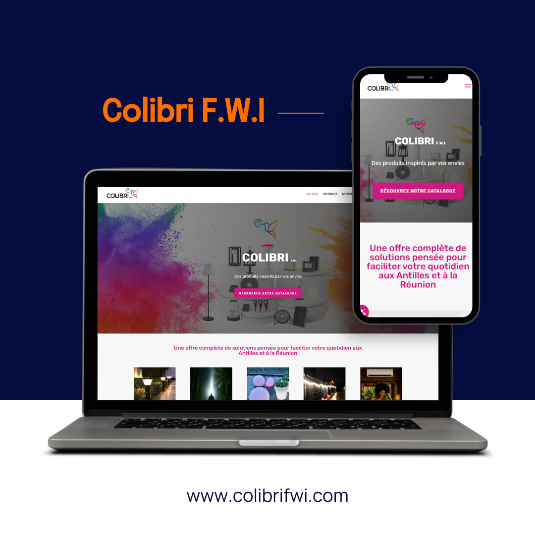 Un ordinateur portable et un smartphone affichent le site web de Colibri FWI sur un fond bleu foncé, avec l'URL de l'entreprise en dessous.