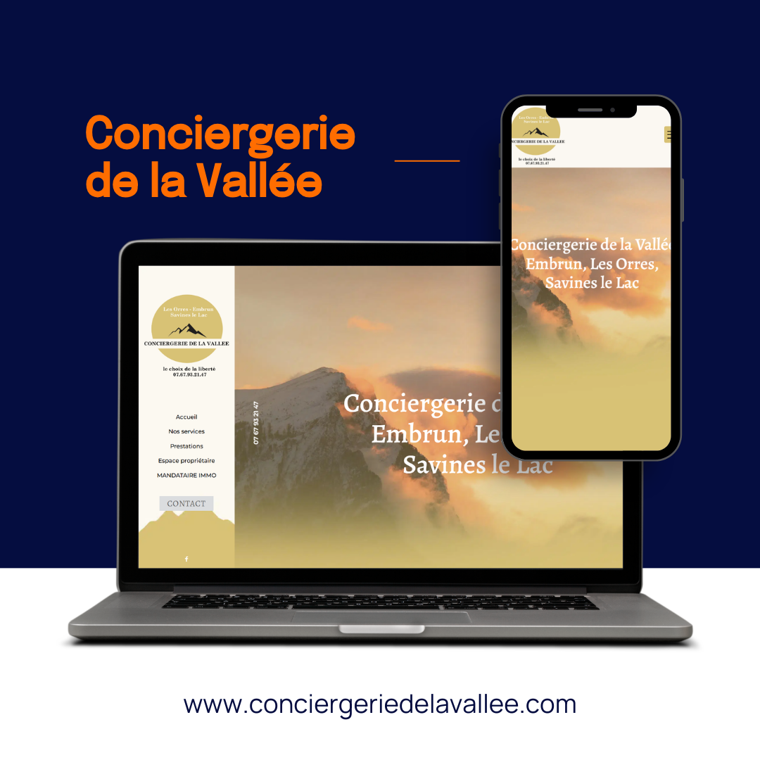 Un ordinateur portable et un smartphone affichant le site web de la « Conciergerie de la Vallée » sur un fond bleu foncé.