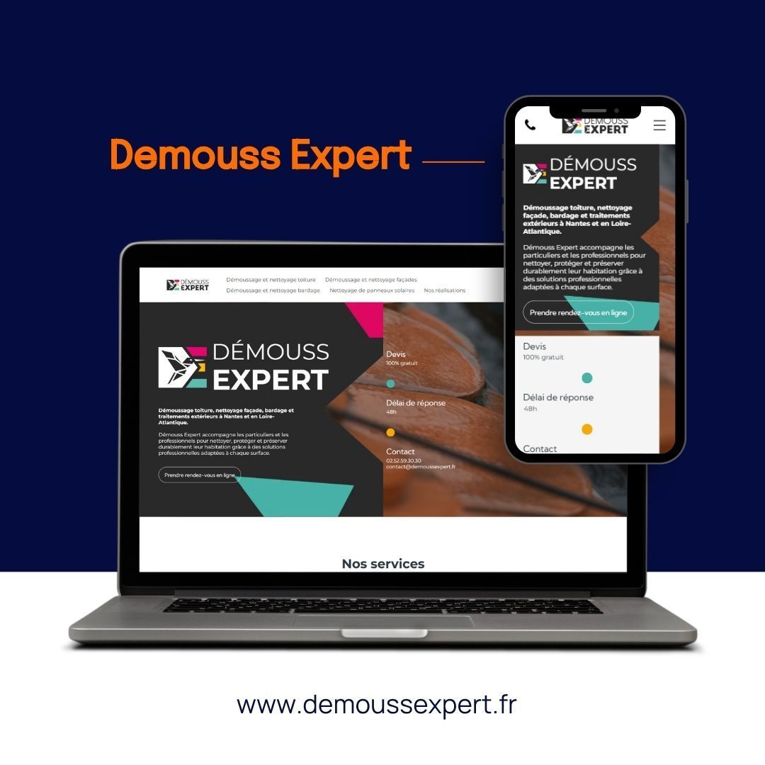 Site web Demouss Expert affiché sur ordinateur portable et smartphone avec fond bleu foncé et titre orange