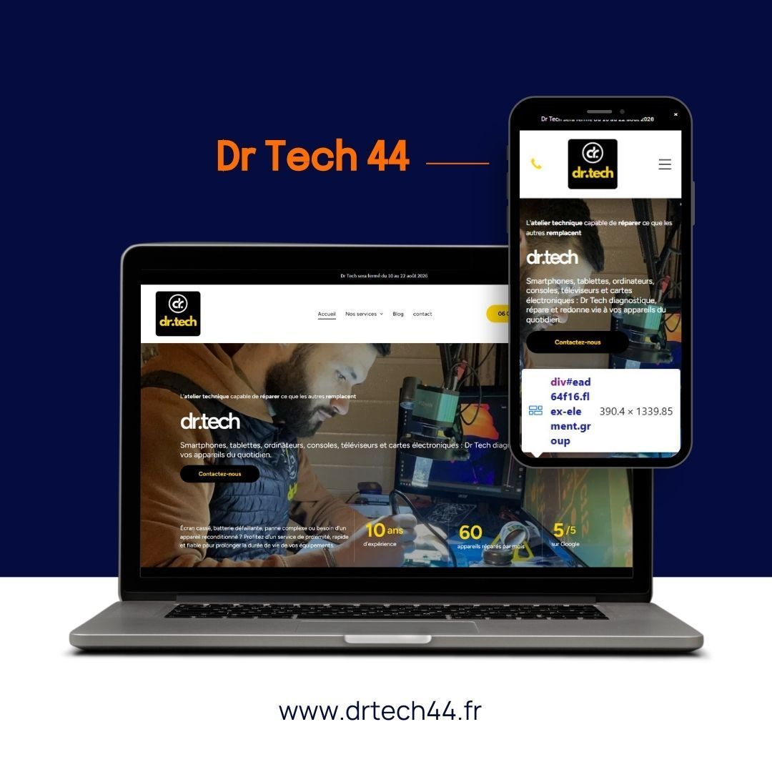 Le site web Dr Tech 44 s'affiche sur un ordinateur portable et un téléphone sur fond bleu, avec l'URL www.drtech44.fr