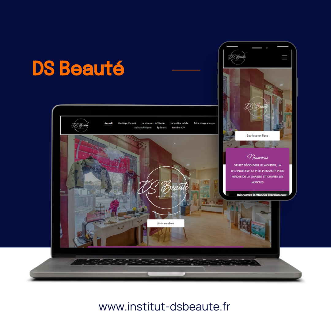 Site web de DS Beauté affiché sur ordinateur portable et téléphone sur fond bleu