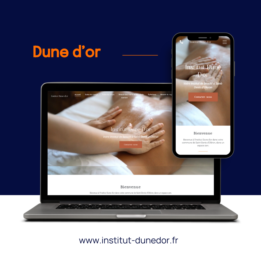 Maquette du site web du spa Dune d'or sur ordinateur portable et téléphone, sur fond bleu foncé.