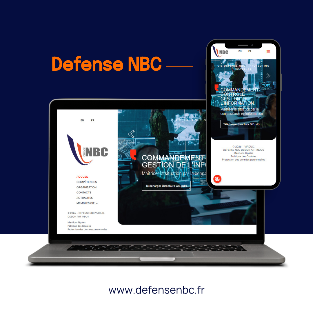 Site web de Defense NBC affiché sur un ordinateur portable et un téléphone avec un fond bleu sur le thème de la sécurité