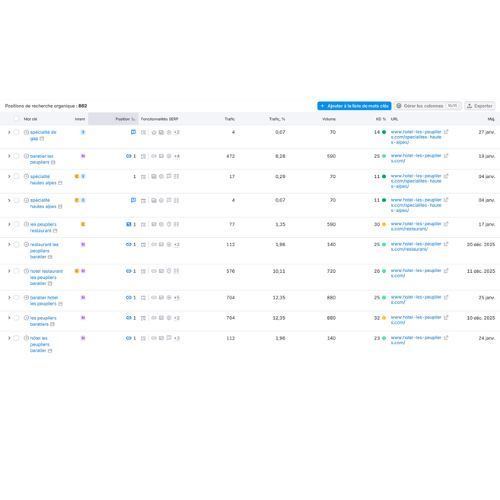 Tableau affichant une liste de mots clés suivis avec des indicateurs tels que le volume de recherche, la difficulté et le classement.