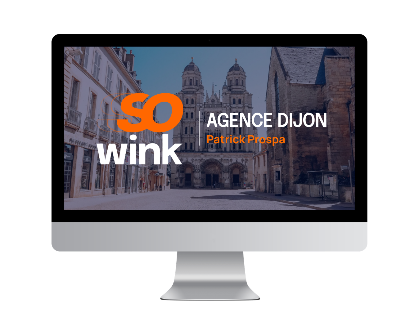 Un écran d'ordinateur affichant un site web avec le logo orange et blanc « SO wink » et le texte « AGENCE DIJON, Patrick Prospa ».