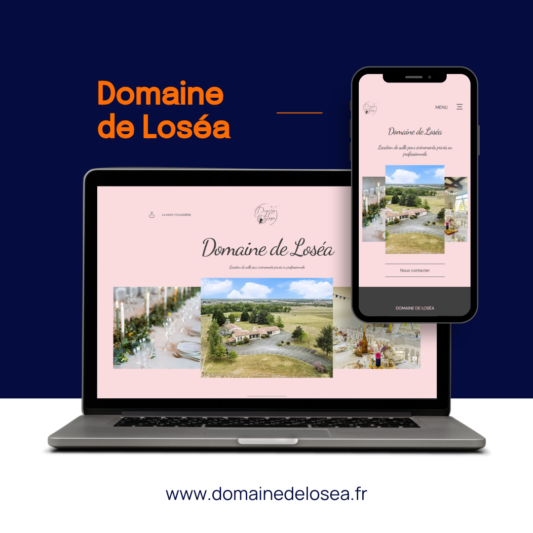 Un ordinateur portable et un smartphone affichent le site web du Domaine de Loséa sur un fond bleu marine, avec l'adresse web en dessous.